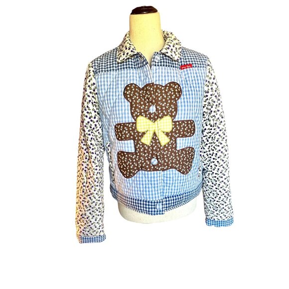 Vintage Y2K Patchwork Teddy Bear Jacket Cottagecore Gingham Floral TF Quilted Zi - Picture 2 of 7